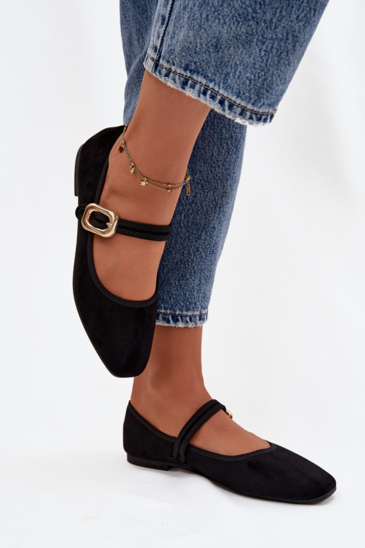 Balerinos su dirželiais I Złotą su sagtimis iš eko zomšosowe Juodos spalvos Adelora