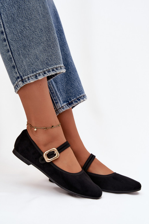 Balerinos su dirželiais I Złotą su sagtimis iš eko zomšosowe Juodos spalvos Adelora