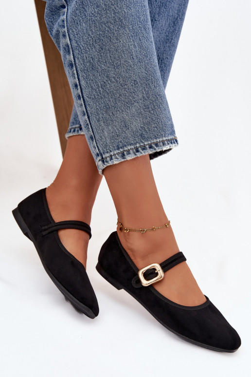 Balerinos su dirželiais I Złotą su sagtimis iš eko zomšosowe Juodos spalvos Adelora