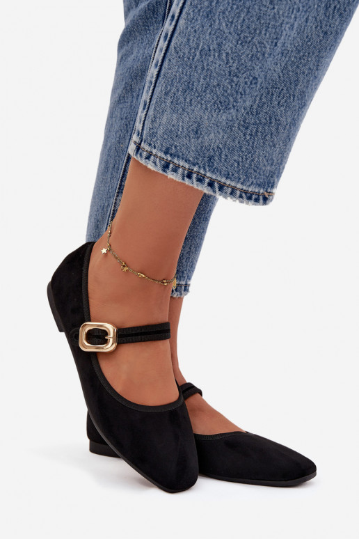 Balerinos su dirželiais I Złotą su sagtimis iš eko zomšosowe Juodos spalvos Adelora