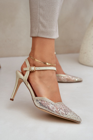 Dekoruotos aukštakulniai bateliai su atviru kulnu aukso spalvos Nanadra