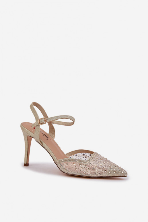 Dekoruotos aukštakulniai bateliai su atviru kulnu aukso spalvos Nanadra