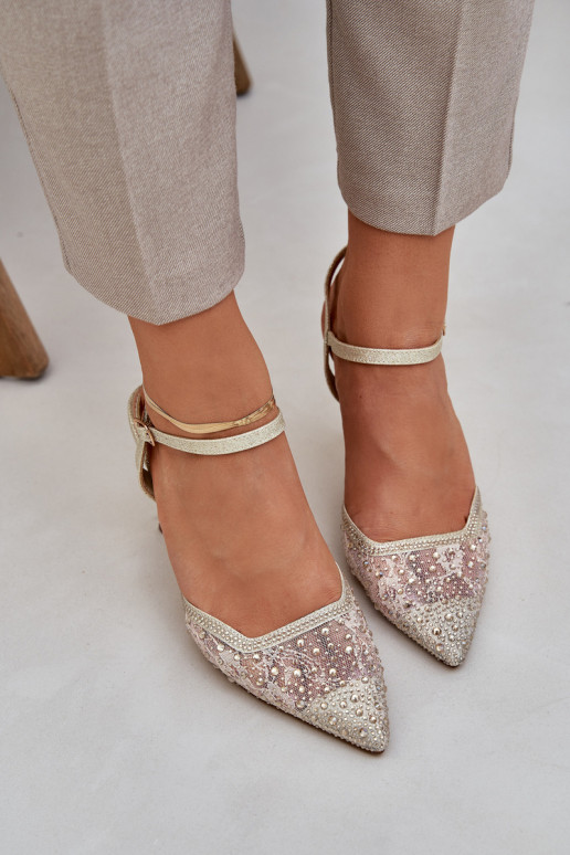 Dekoruotos aukštakulniai bateliai su atviru kulnu aukso spalvos Nanadra