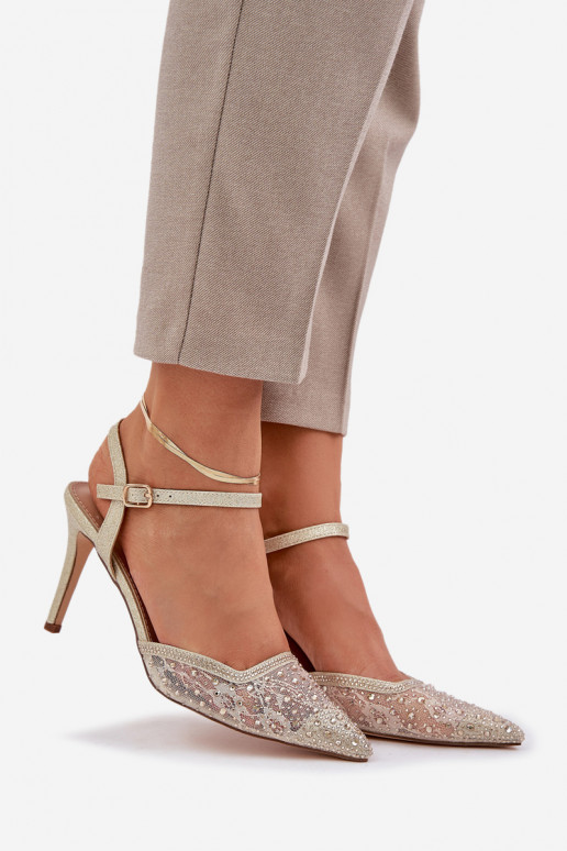 Dekoruotos aukštakulniai bateliai su atviru kulnu aukso spalvos Nanadra