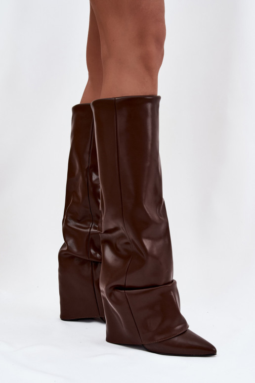 pašiltinti moteriški ilgaauliai batai Z Wywiniętą Cholewką su kulniukais Czekoladowe Elivira