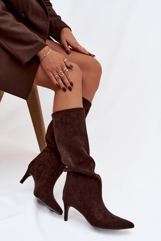 moteriški ilgaauliai batai Įsispiriamo modelio pašiltinti su plonais kulniukais Czekoladowe Olivienne