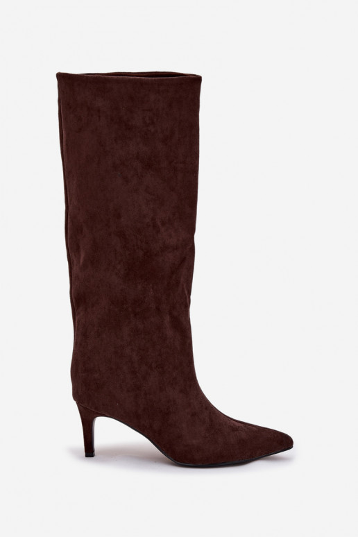 moteriški ilgaauliai batai Įsispiriamo modelio pašiltinti su plonais kulniukais Czekoladowe Olivienne