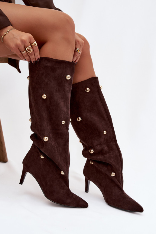 Įsispiriamo modelio moteriški ilgaauliai batai su plonais kulniukais Ze aukso spalvosmi Ozdobami Czekoladowe Thaliane