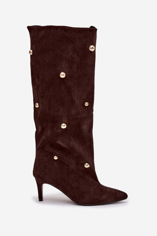 Įsispiriamo modelio moteriški ilgaauliai batai su plonais kulniukais Ze aukso spalvosmi Ozdobami Czekoladowe Thaliane