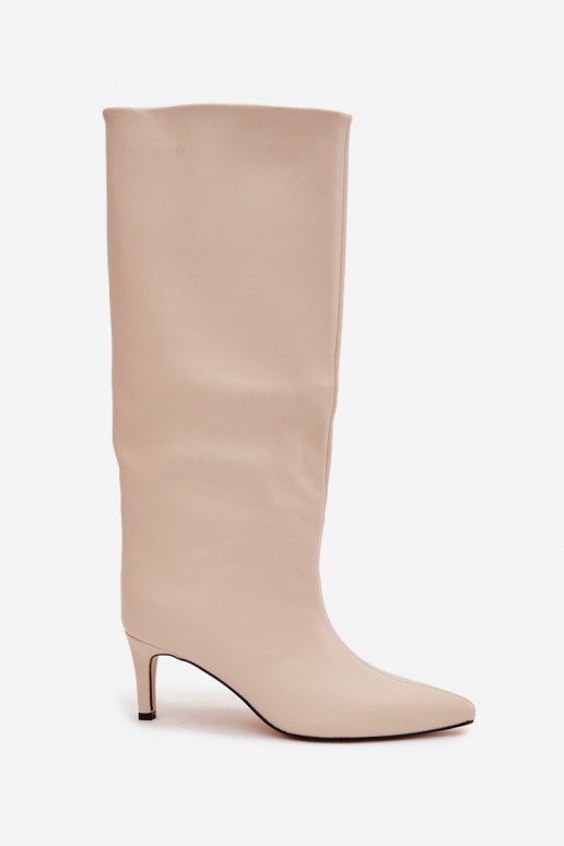 moteriški ilgaauliai batai Įsispiriamo modelio pašiltinti su plonais kulniukais dramblio kaulo spalvos Olivienne