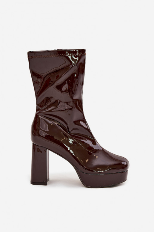 Lakuoti moteriški aulinukai su platforma ir storakulniu šokoladinės spalvos Calvessa