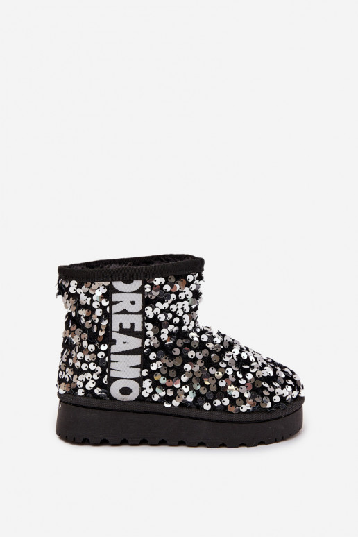 Vaikiški sniego batai aulinukai pašiltinti su blizgančiais žvyneliais juodos ir sidabro spalvos Rebbica