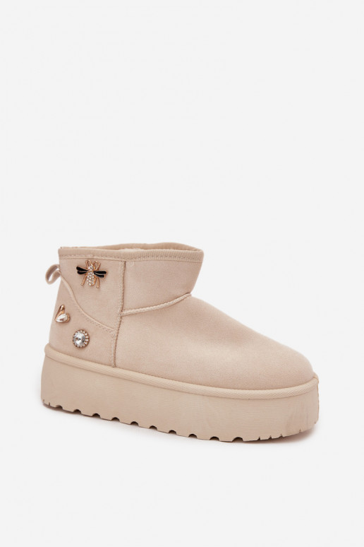 Sniego batai moteriški su platforma ir kabliukais dramblio kaulo spalvos Tai turielle