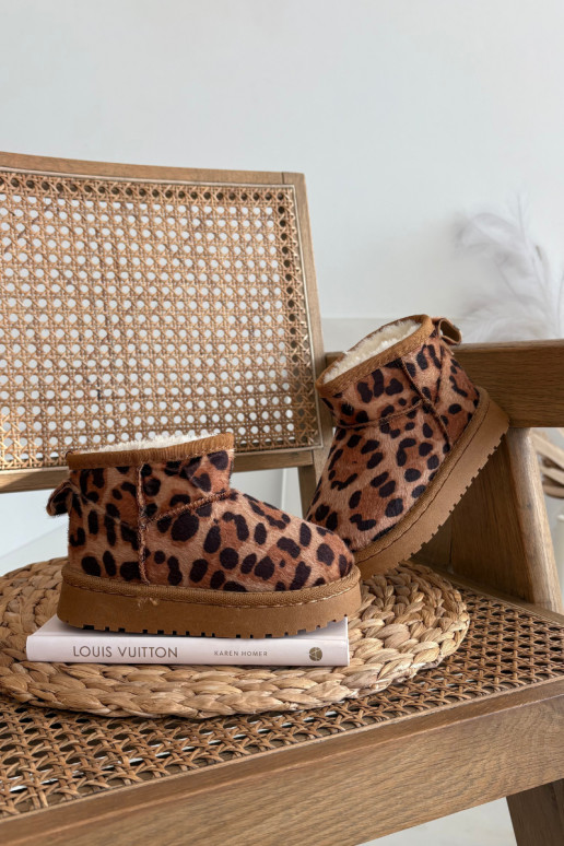 Rudos spalvos šilti vaikiški/jaunimo sniego batai su kailiuku viduje ir leopardo kailio raštu Mireya