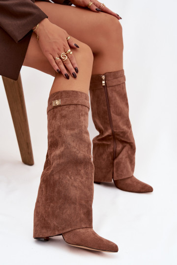 ilgaauliai batai iš eko zomšosowe Obcas Słupek  pašiltinti Wywinięta Cholewka smėlio spalvos Evyra