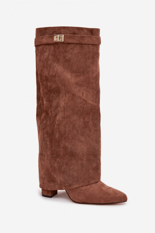 ilgaauliai batai iš eko zomšosowe Obcas Słupek  pašiltinti Wywinięta Cholewka smėlio spalvos Evyra