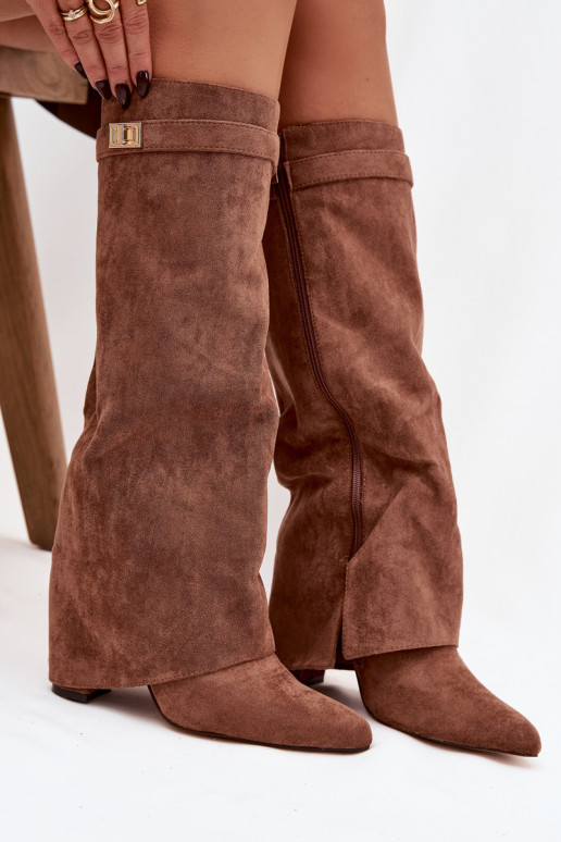 ilgaauliai batai iš eko zomšosowe Obcas Słupek  pašiltinti Wywinięta Cholewka smėlio spalvos Evyra