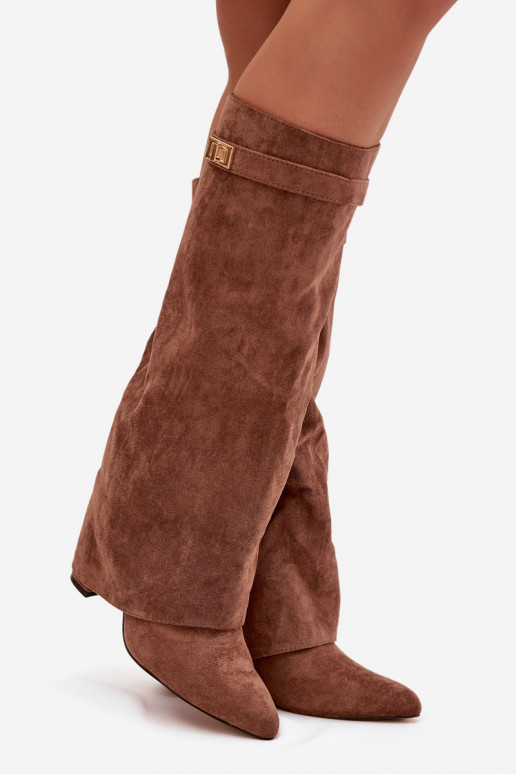 ilgaauliai batai iš eko zomšosowe Obcas Słupek  pašiltinti Wywinięta Cholewka smėlio spalvos Evyra