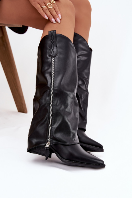 ilgaauliai batai kaubojiško stiliaus su kulniukais iš eko odos Juodos spalvos Palira