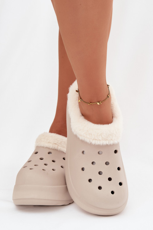  Moteriškos šlepetės pašiltinti su kailiuku viduje chaki spalvos Palvine