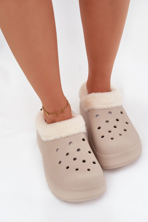  Moteriškos šlepetės pašiltinti su kailiuku viduje chaki spalvos Palvine