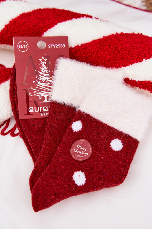 Kojinės  Christmas su kailiuku I Kropkami Wełna su alpakomis raudonos spalvos