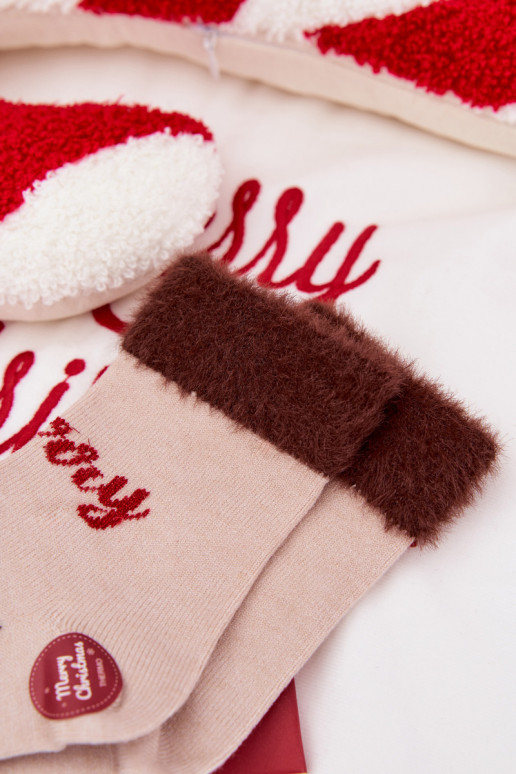 Šventinės kojinės Vaikiški su kailiuku  Wełna su alpakomis smėlio spalvos