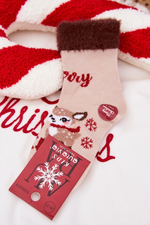 Šventinės kojinės Vaikiški su kailiuku  Wełna su alpakomis smėlio spalvos