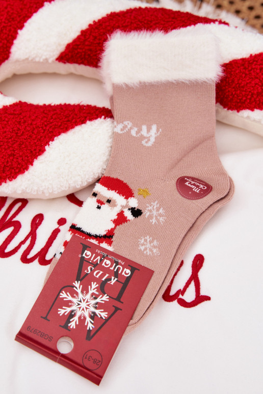 Šventinės kojinės Vaikiški su kailiuku I Santa Clausem Wełna su alpakomis smėlio spalvos