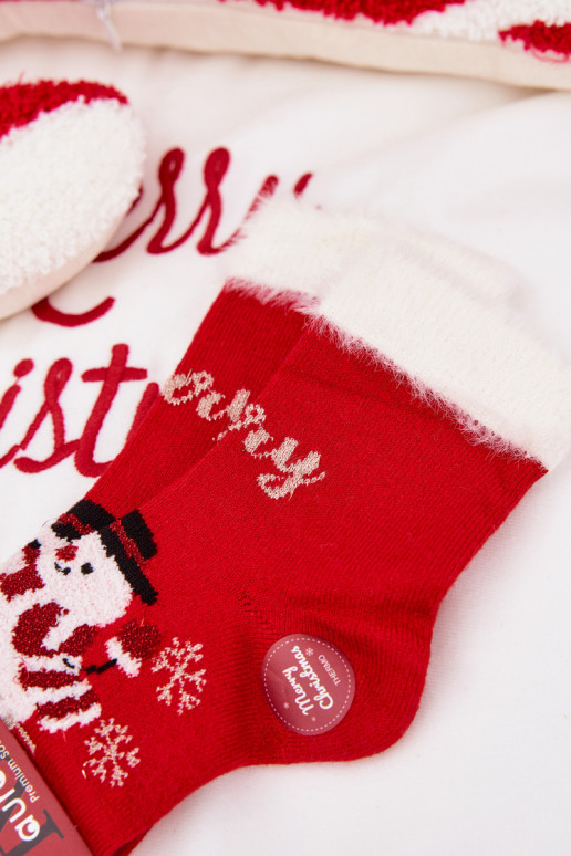 Šventinės kojinės Vaikiški su kailiuku I Bałwanem Wełna su alpakomis raudonos spalvos