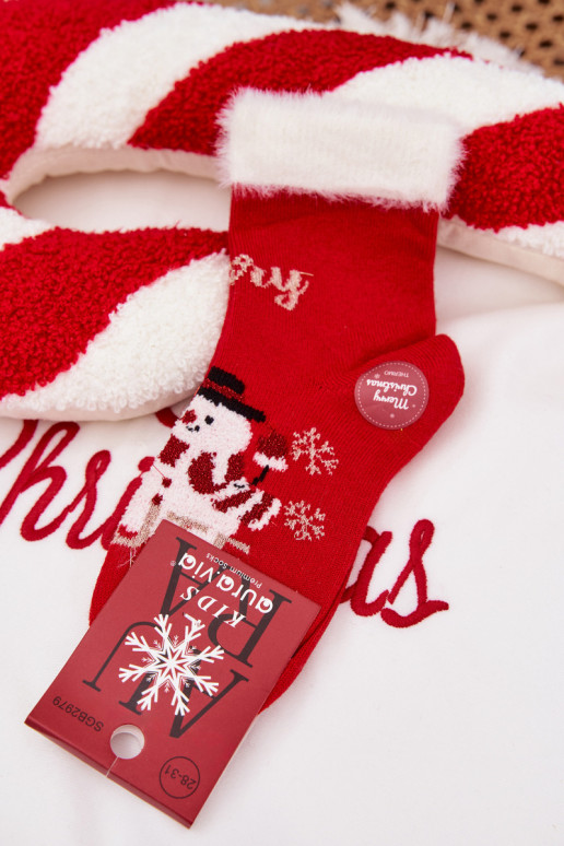 Šventinės kojinės Vaikiški su kailiuku I Bałwanem Wełna su alpakomis raudonos spalvos