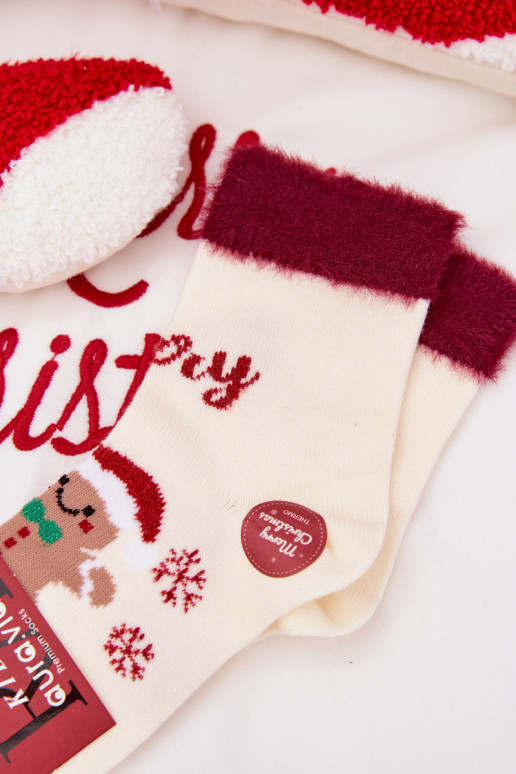 Šventinės kojinės Vaikiški Piernik I su kailiuku Wełna su alpakomis dramblio kaulo spalvos