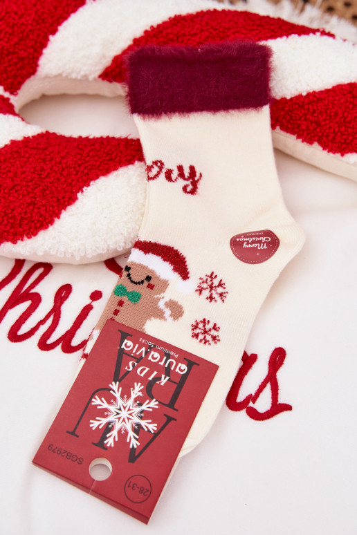 Šventinės kojinės Vaikiški Piernik I su kailiuku Wełna su alpakomis dramblio kaulo spalvos