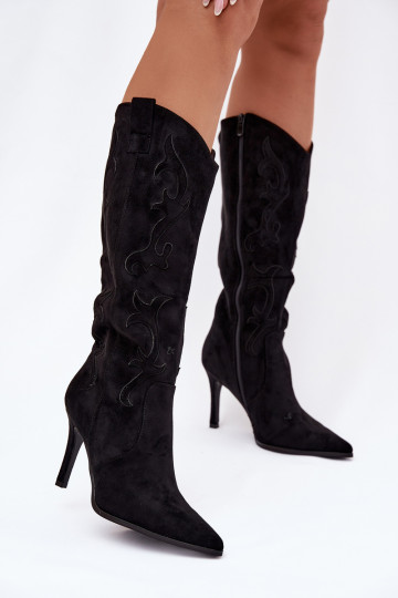 moteriški ilgaauliai batai su plonais kulniukais kaubojiško stiliaus Z iš eko zomšosu Juodos spalvos Belonia