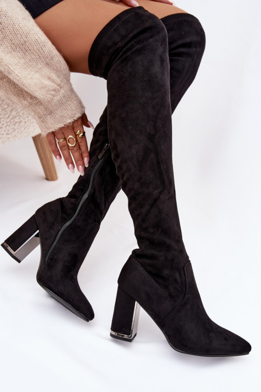 moteriški ilgaauliai batai iš eko zomšosowe virš kelių su kulniukais Juodos spalvos Thamine