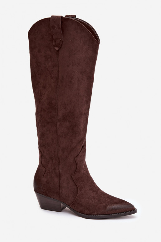 iš eko zomšosowe ilgaauliai batai kaubojiško stiliaus  su kulniukais Czekoladowe Jenaya