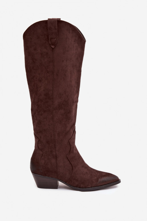 iš eko zomšosowe ilgaauliai batai kaubojiško stiliaus  su kulniukais Czekoladowe Jenaya