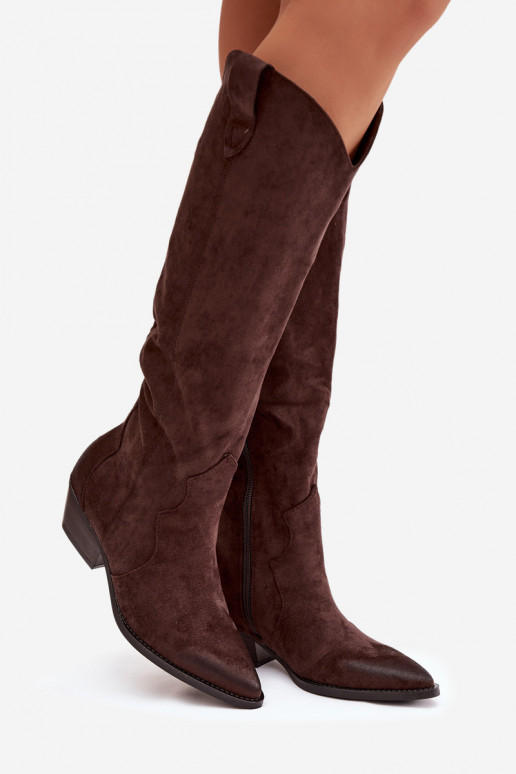 iš eko zomšosowe ilgaauliai batai kaubojiško stiliaus  su kulniukais Czekoladowe Jenaya