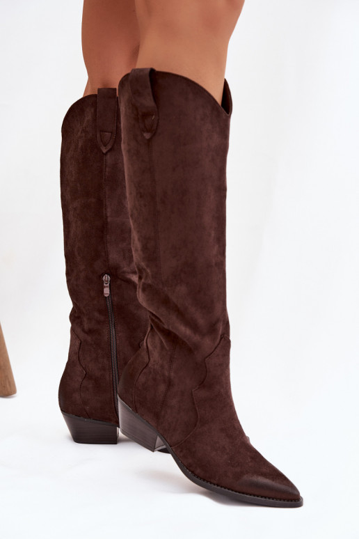 iš eko zomšosowe ilgaauliai batai kaubojiško stiliaus  su kulniukais Czekoladowe Jenaya