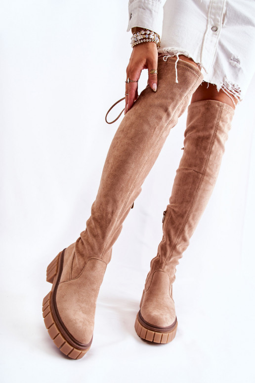 iš zomšos  ilgaauliai batai virš kelių smėlio spalvos Cheera