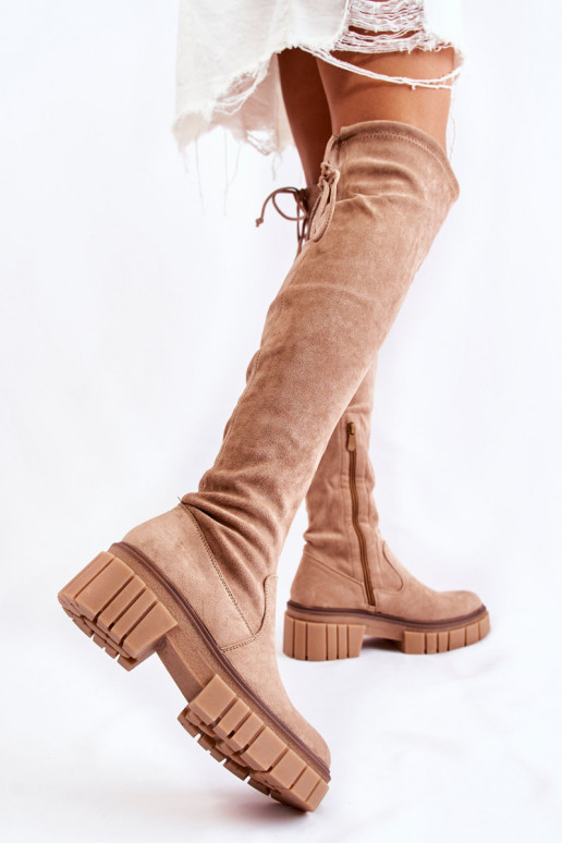 iš zomšos  ilgaauliai batai virš kelių smėlio spalvos Cheera