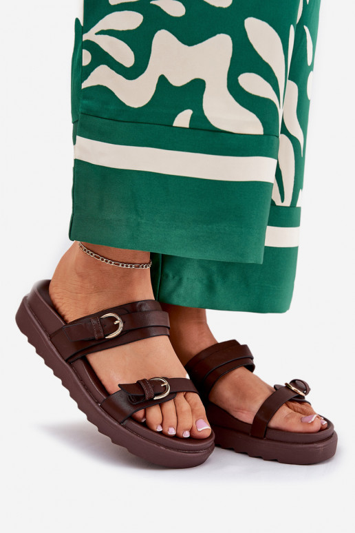 Moteriškos šlepetės su platforma Ze aukso spalvosmi su sagtimismi rudos spalvos Wernone