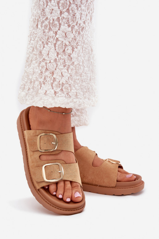 Moteriškos šlepetės su platforma Ze aukso spalvosmi su sagtimismi rudos spalvos Verena