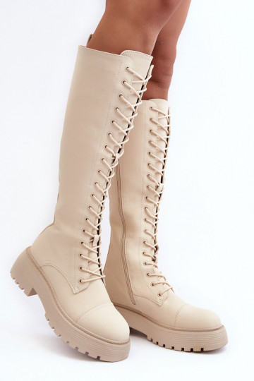 su raišteliais pašiltinti ilgaauliai batai kerziniai batai  smėlio spalvos Bergdis