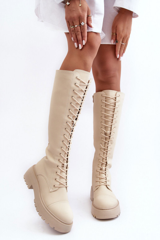 su raišteliais pašiltinti ilgaauliai batai kerziniai batai  smėlio spalvos Bergdis