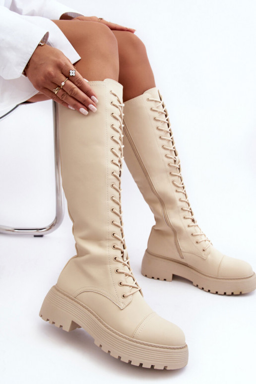 su raišteliais pašiltinti ilgaauliai batai kerziniai batai  smėlio spalvos Bergdis