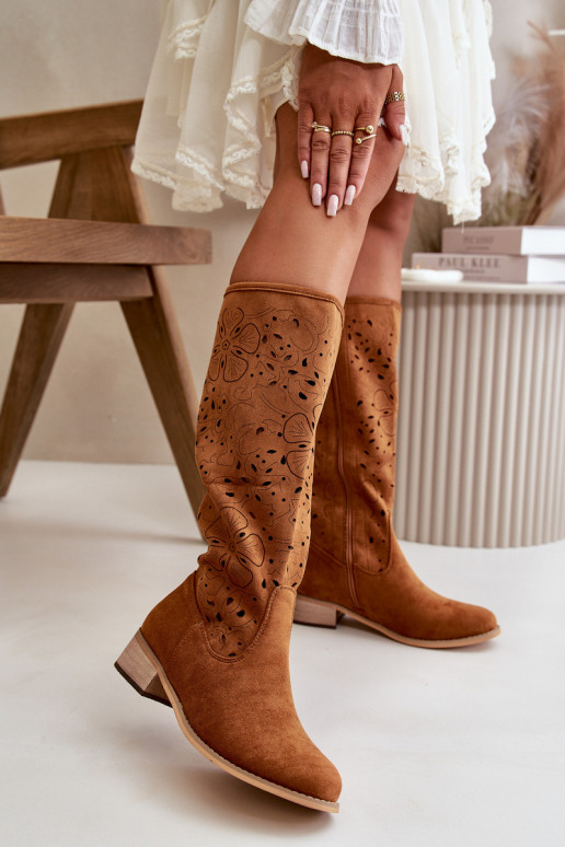 su aužūro elementais moteriški ilgaauliai batai žemu kulniuku iš eko zomšosowe Užsegamos  rudos spalvos Orchides