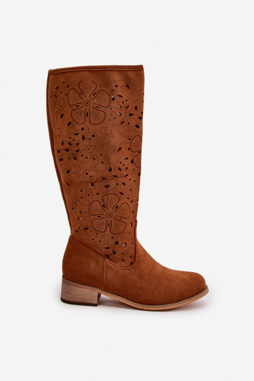 su aužūro elementais moteriški ilgaauliai batai žemu kulniuku iš eko zomšosowe Užsegamos  rudos spalvos Orchides