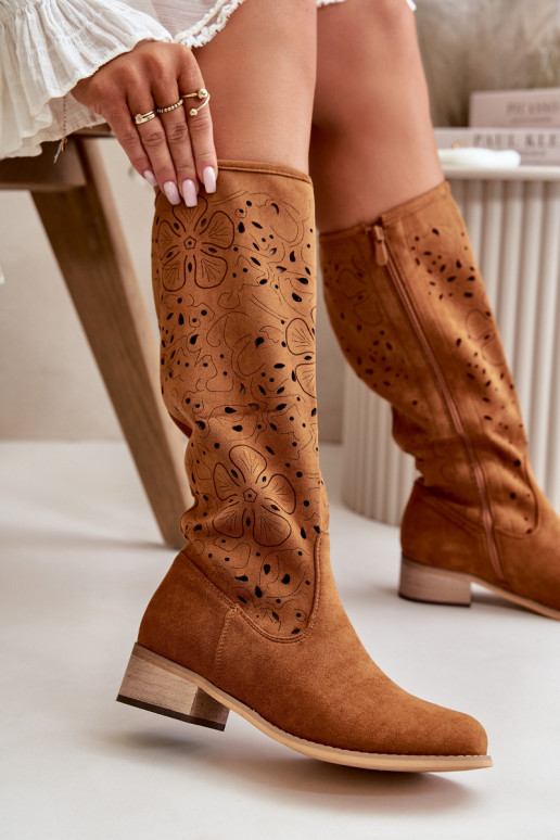 su aužūro elementais moteriški ilgaauliai batai žemu kulniuku iš eko zomšosowe Užsegamos  rudos spalvos Orchides