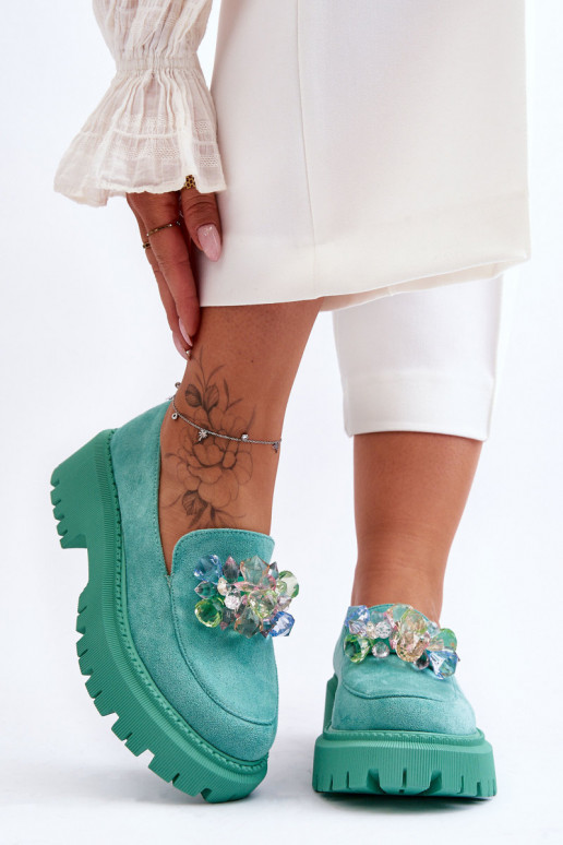 Moteriški mokasinai su dirbtiniais kristalais žalios spalvos Avril